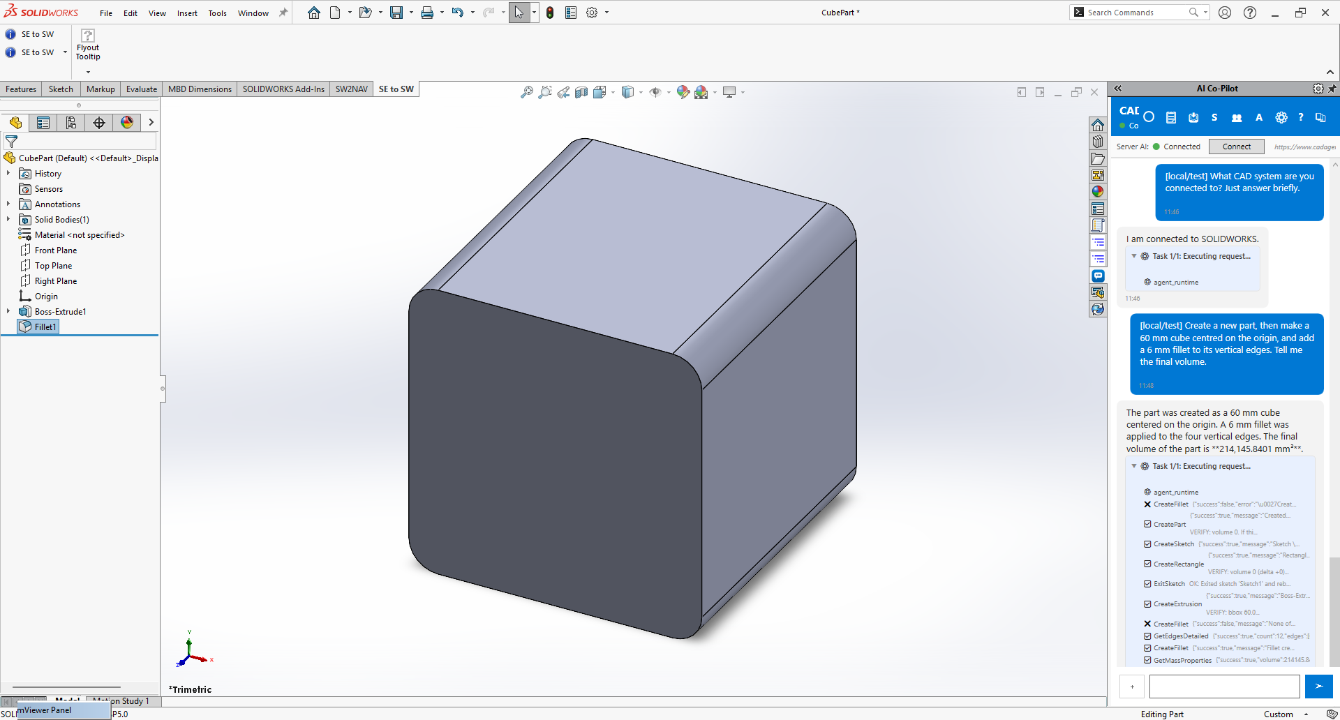 SOLIDWORKS showing a filleted cube built by CoPilot, with the chat panel reporting the steps and final volume