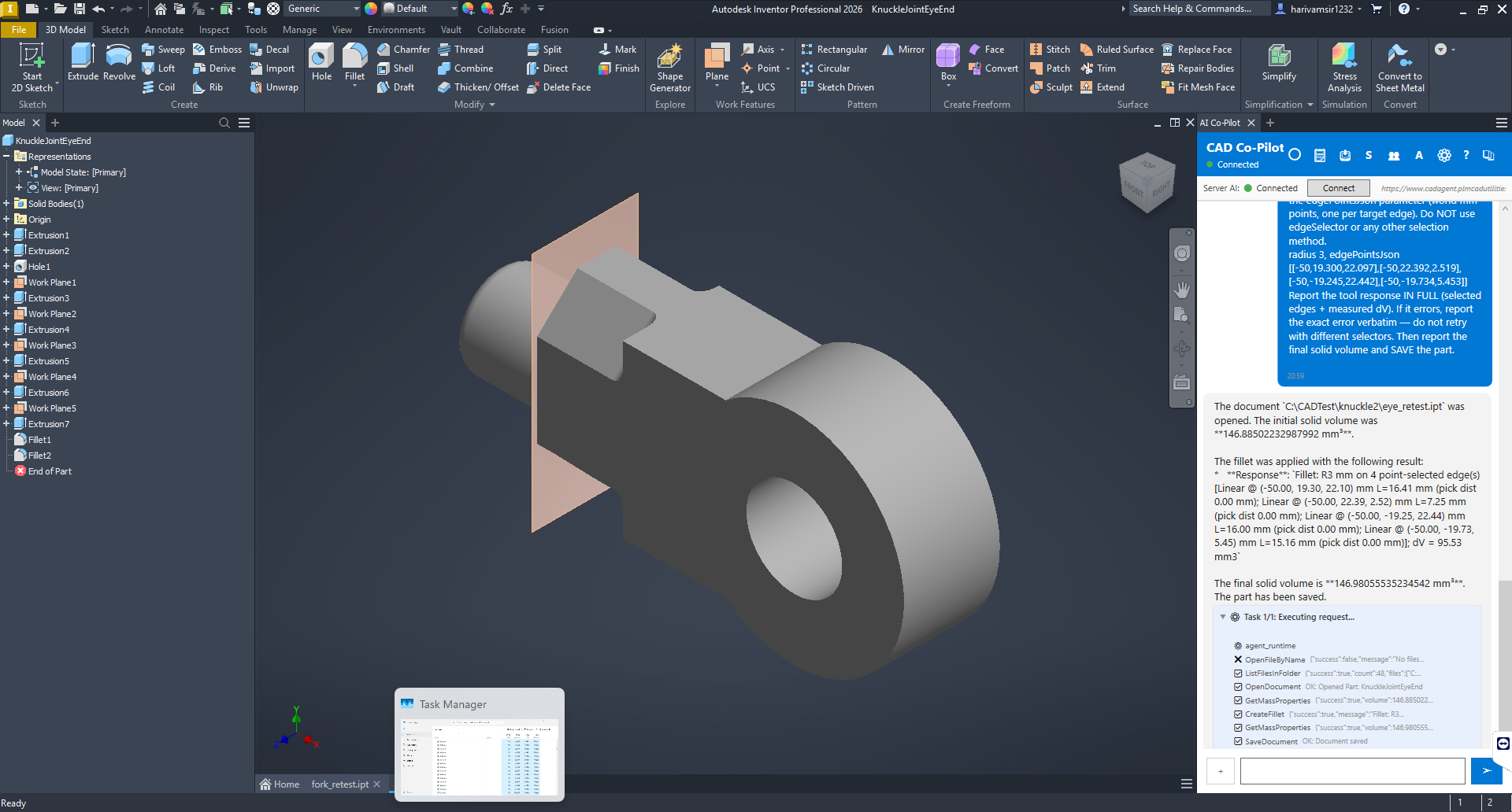 Inventor with the CAD Co-Pilot panel docked on the right, showing a completed fillet operation