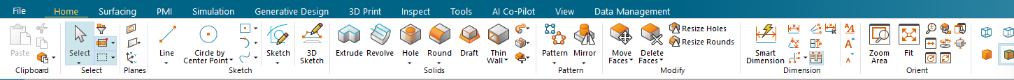 The AI Co-Pilot ribbon tab in Solid Edge