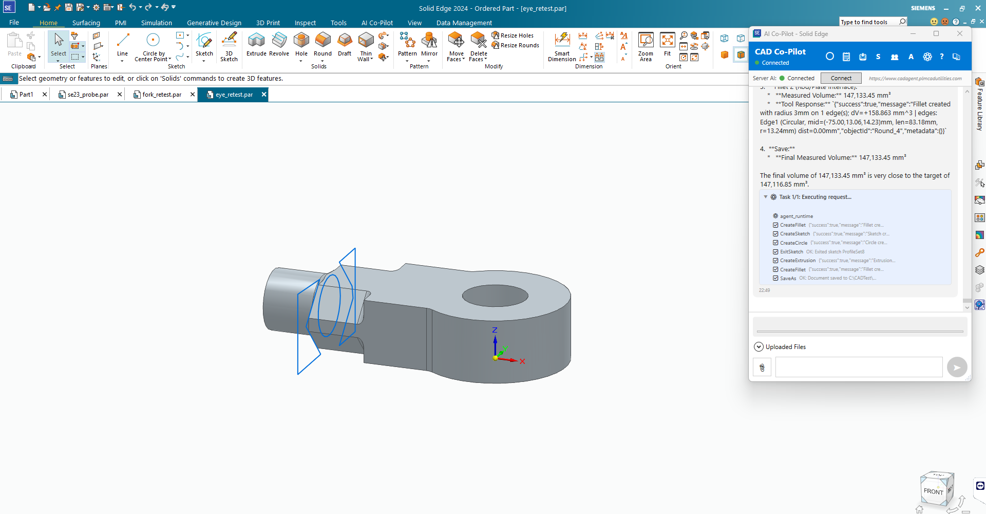 Solid Edge with the CAD Co-Pilot window open beside the model