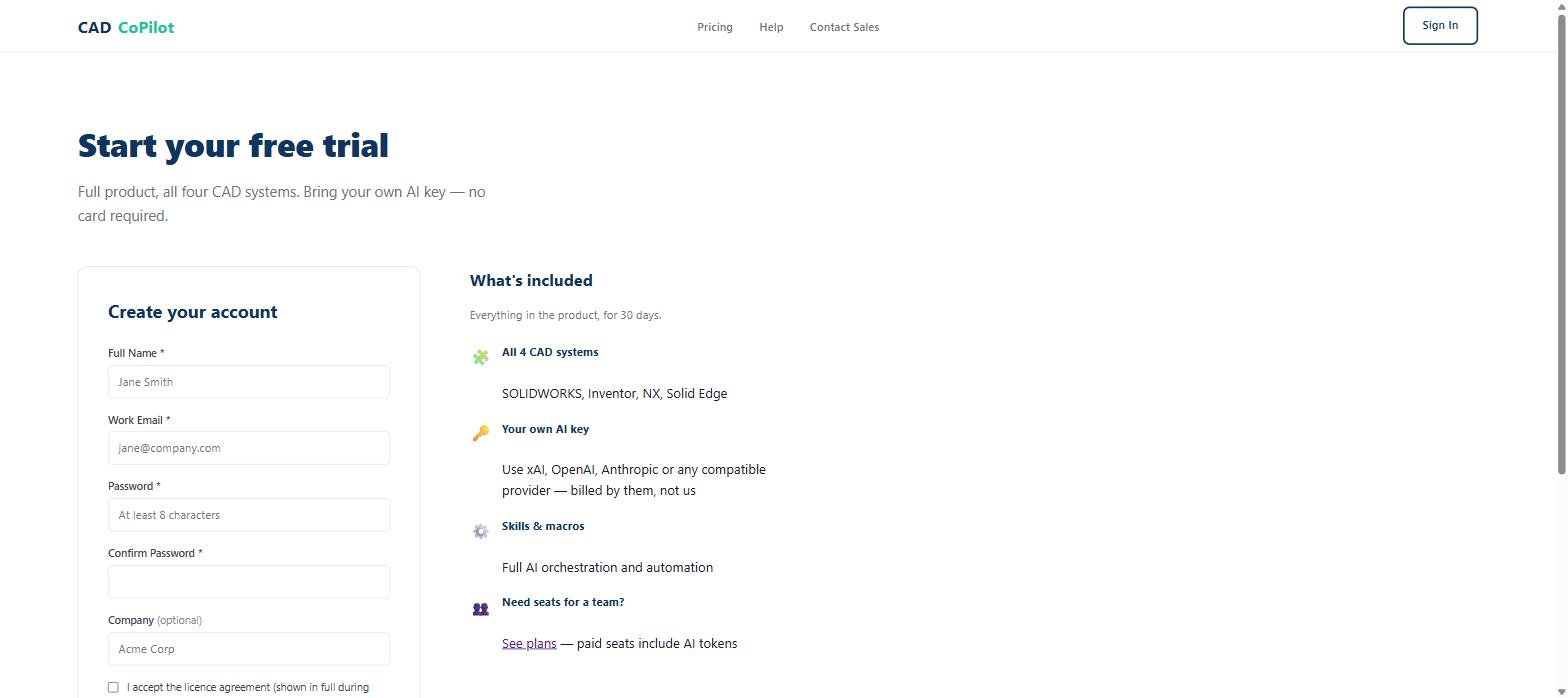 The CADCoPilot trial sign-up form asking for name, work email, password and company