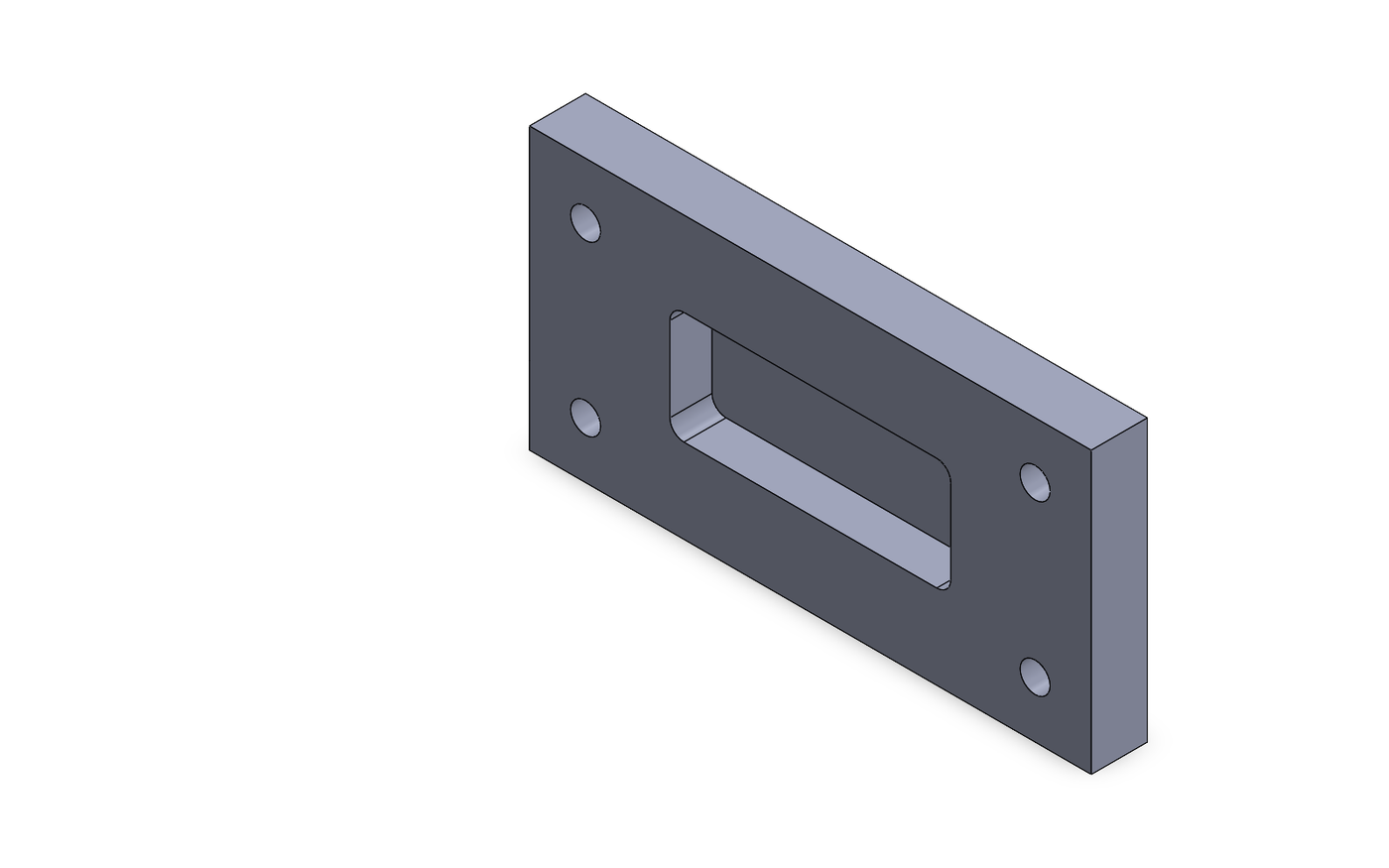 Isometric view of the machined fitting plate with four corner holes and a rounded rectangular weight-saving pocket