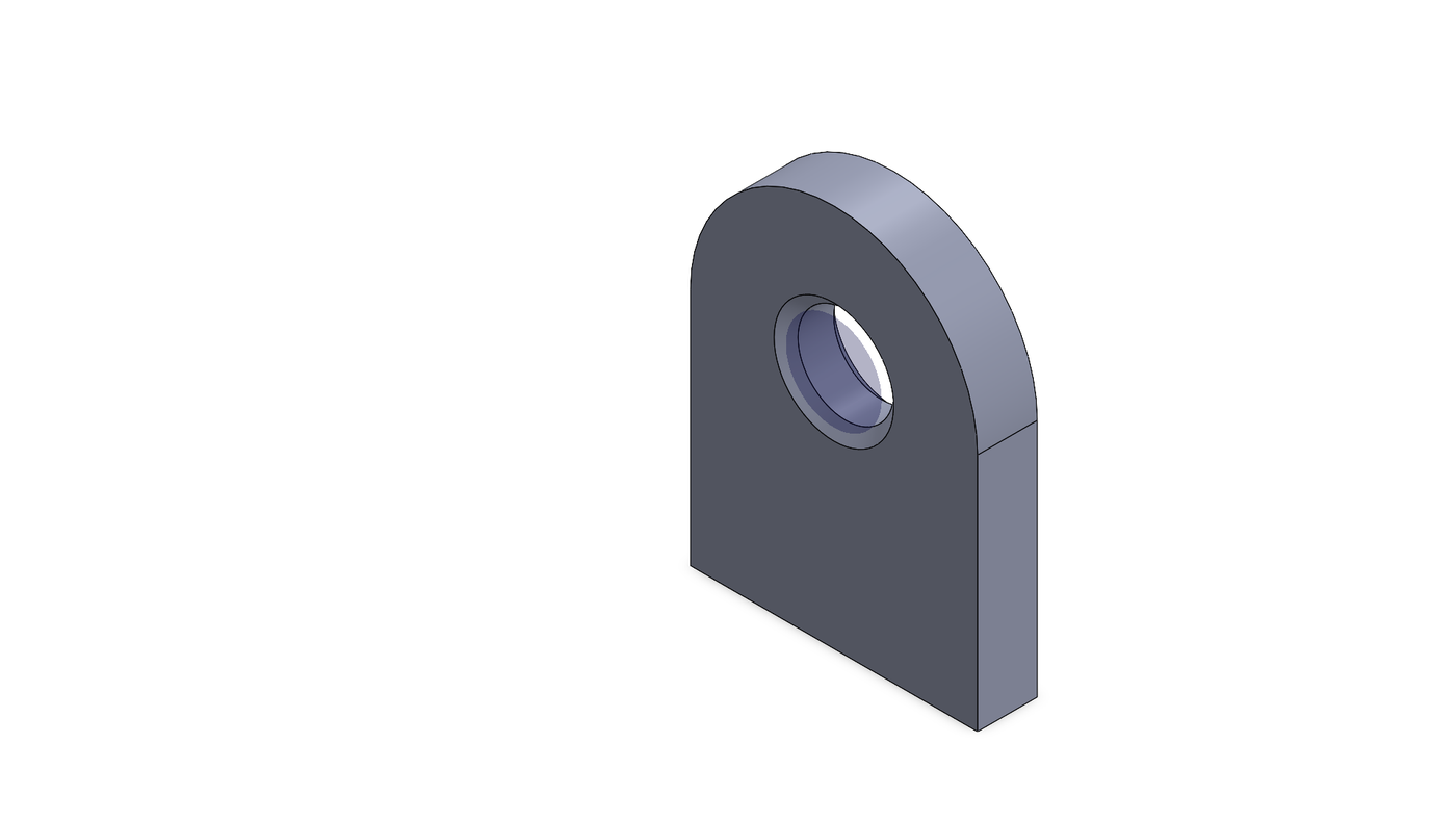 Isometric view of the steel lifting lug, a rounded-top plate with a chamfered pin hole