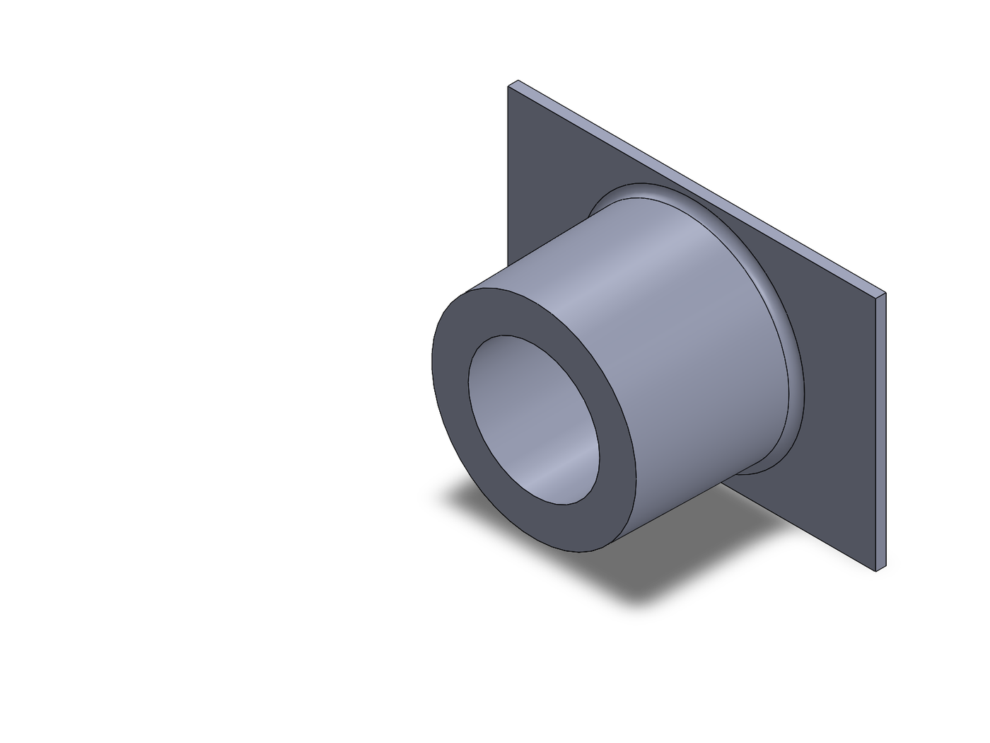 Isometric view of the cast bearing housing, a flat base plate with a cylindrical bored boss standing on it