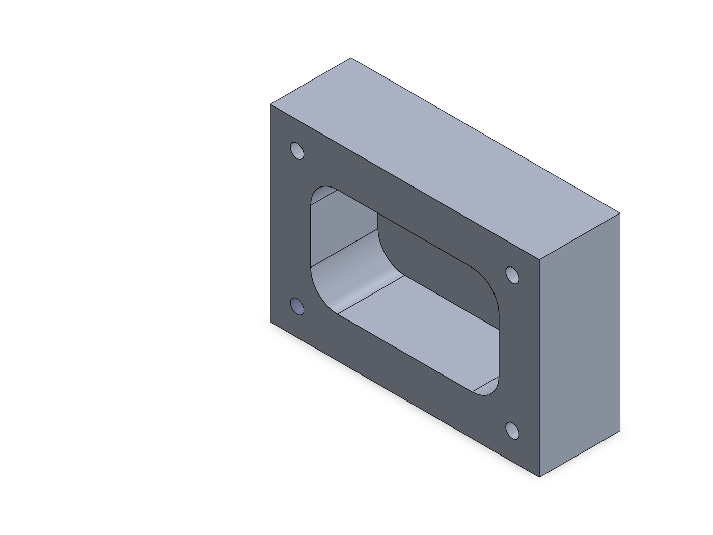 Isometric view of the milled aluminium block with its rectangular pocket and four pilot holes