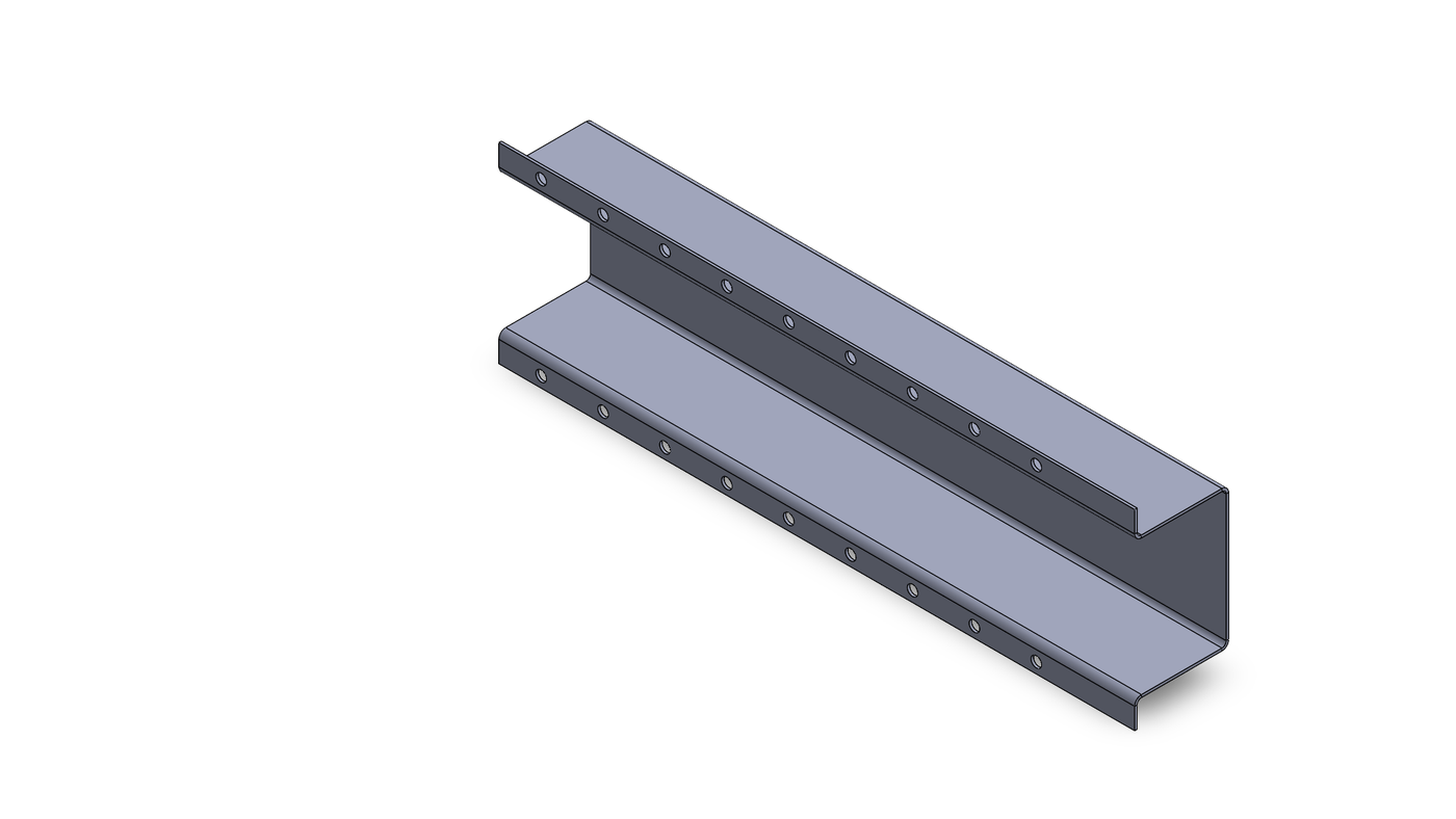 Isometric view of the hat-section steel channel with its two spot-weld flanges and rows of marker holes