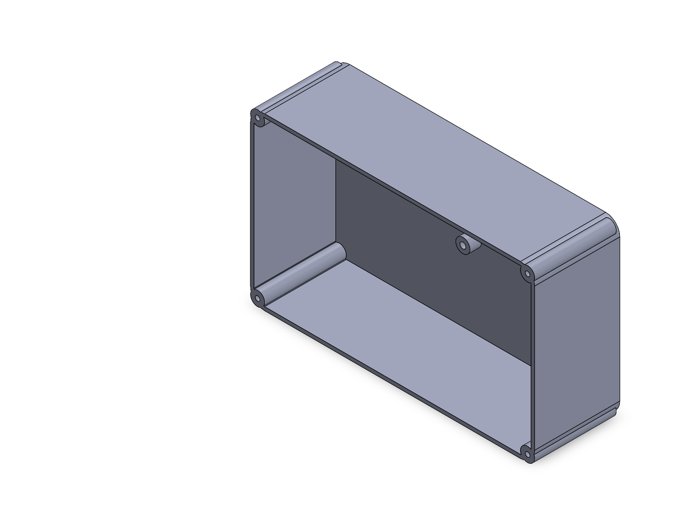 Isometric view of the die-cast enclosure base with a corner lid-fastener boss and the earthing boss visible inside