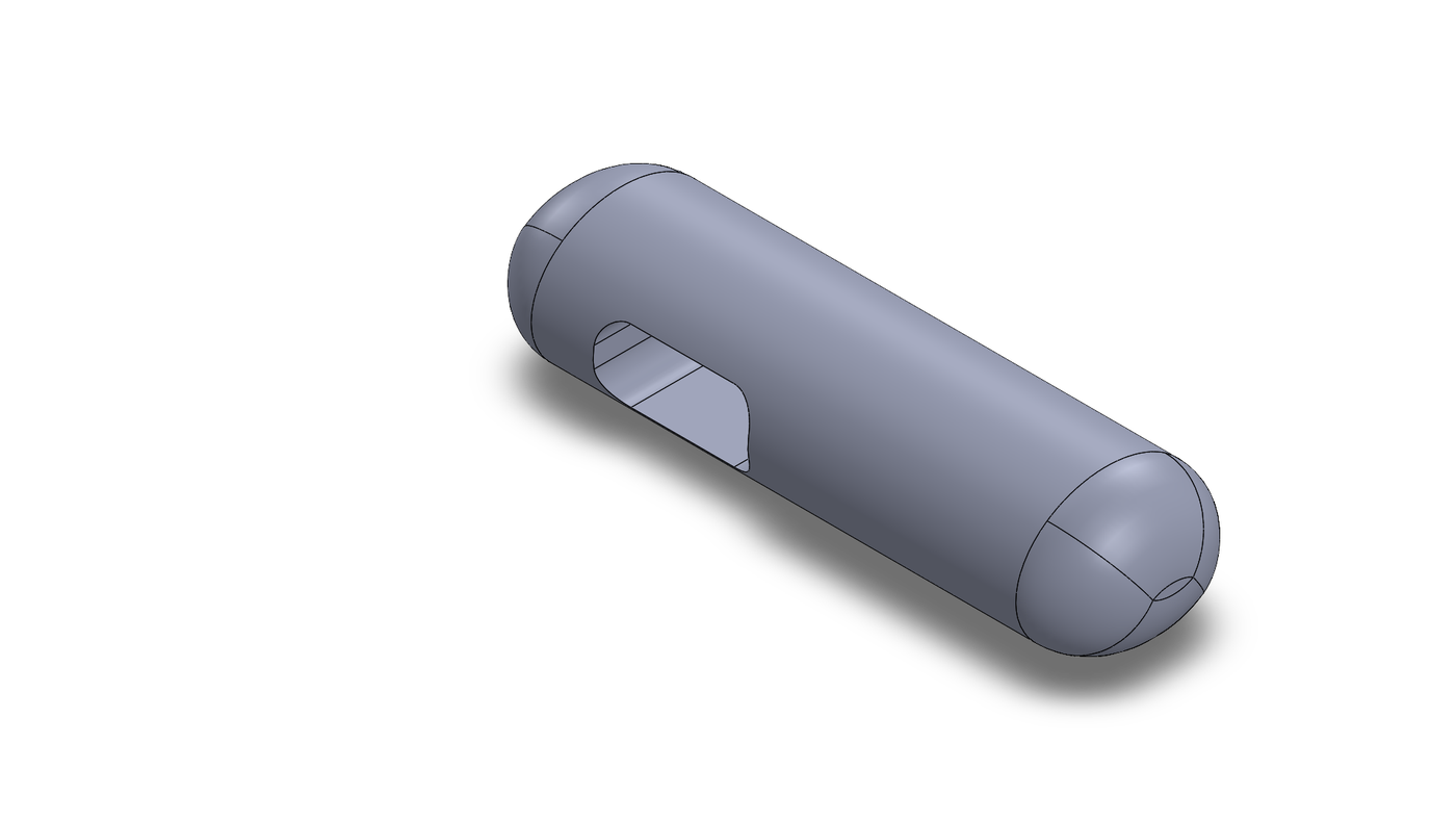 Isometric view of the moulded tool handle with its oval grip and a through trigger slot